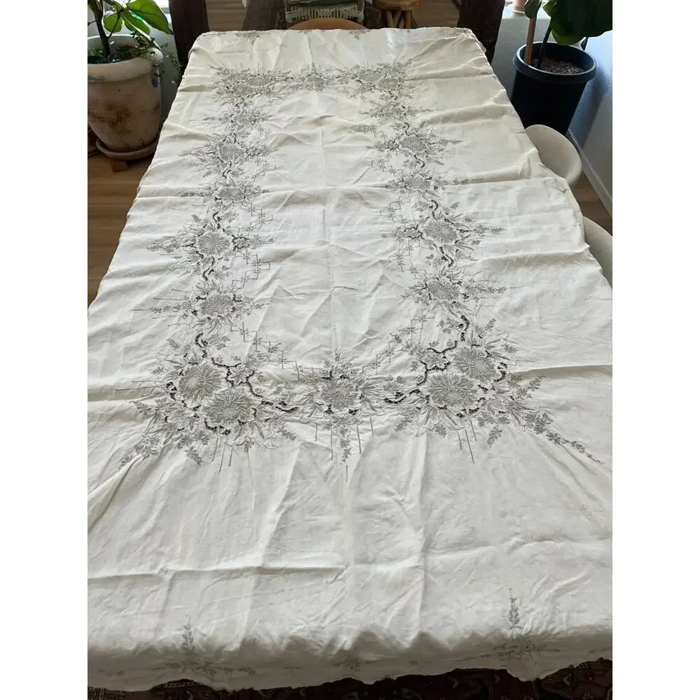 Vintage Hand Embroidery Floral Linen Tablecloth Ivory Rectangular 98
